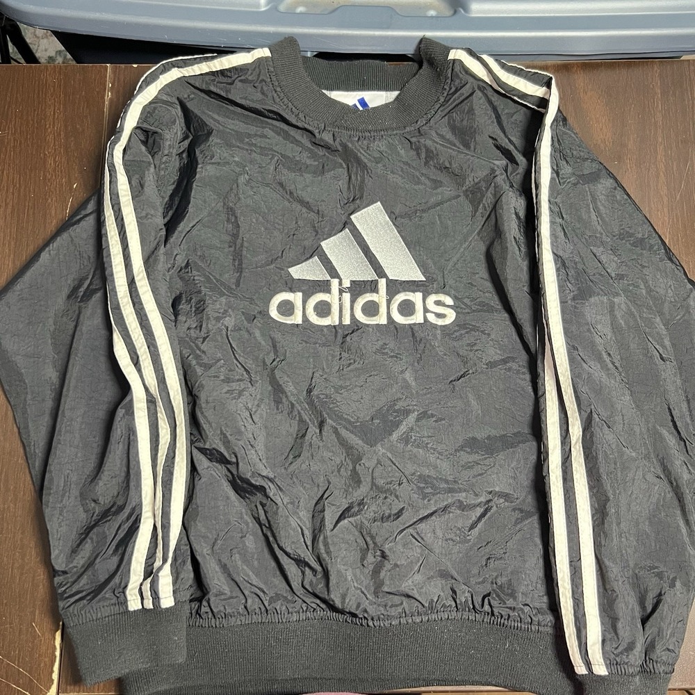 Vintage Adidas Youth Size M Black 3 Stripe Pullover Lined Windbreaker *READ